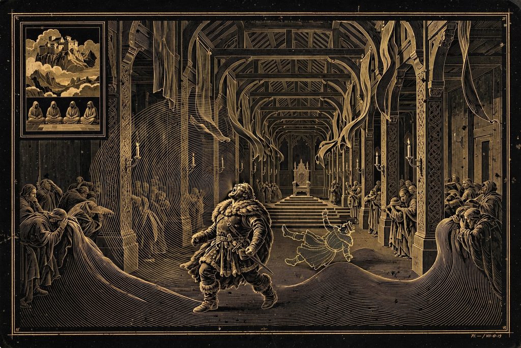 Engraved royal hall where a warrior's shout, drawn as shockwaves, throws a young king backward toward his throne.