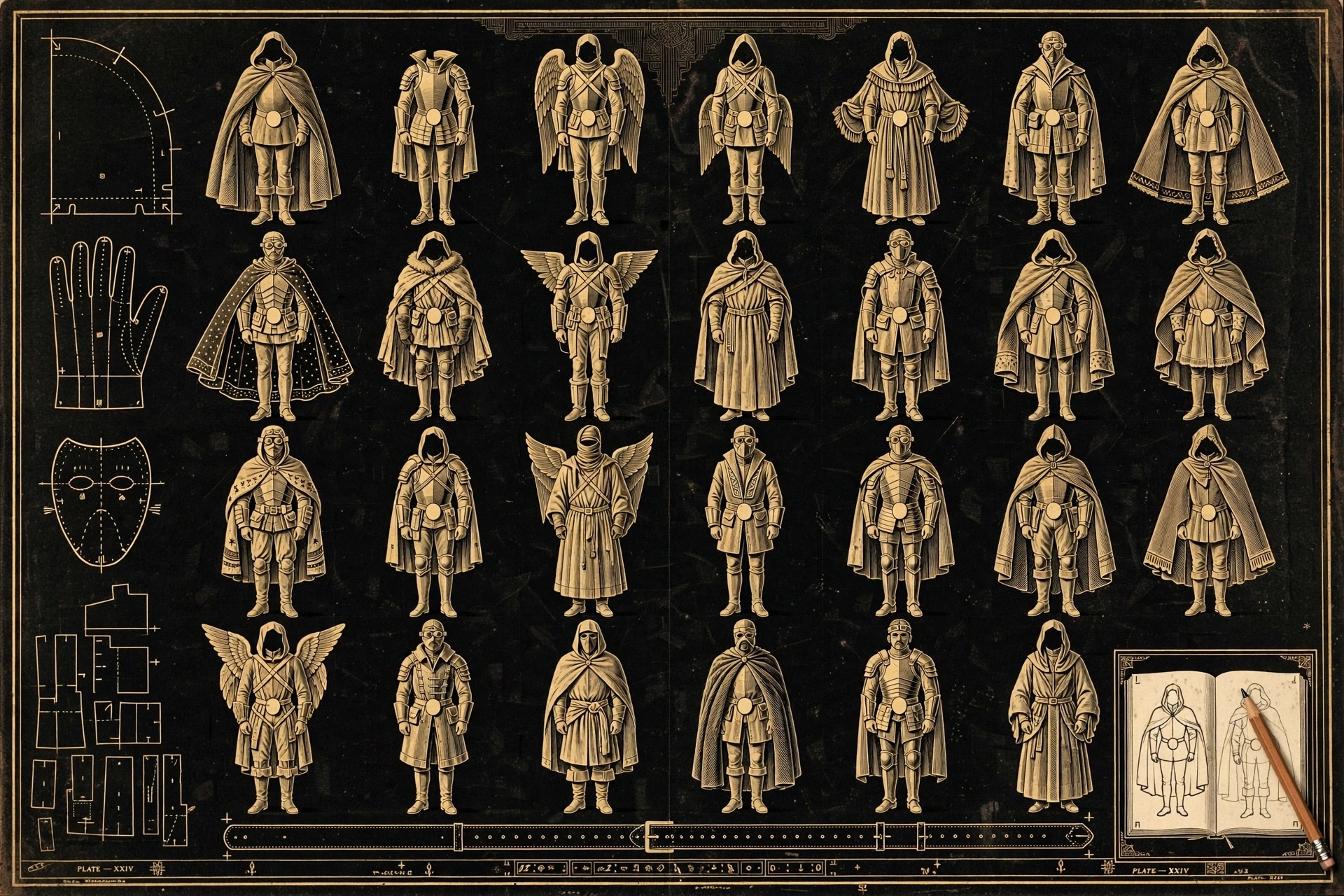 Engraved pattern-book grid of plain figures wearing two dozen different invented heroic costumes.