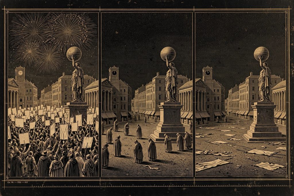 Engraved three-panel sequence of a city plaza, from a crowded protest to a silent vigil to complete emptiness at midnight.