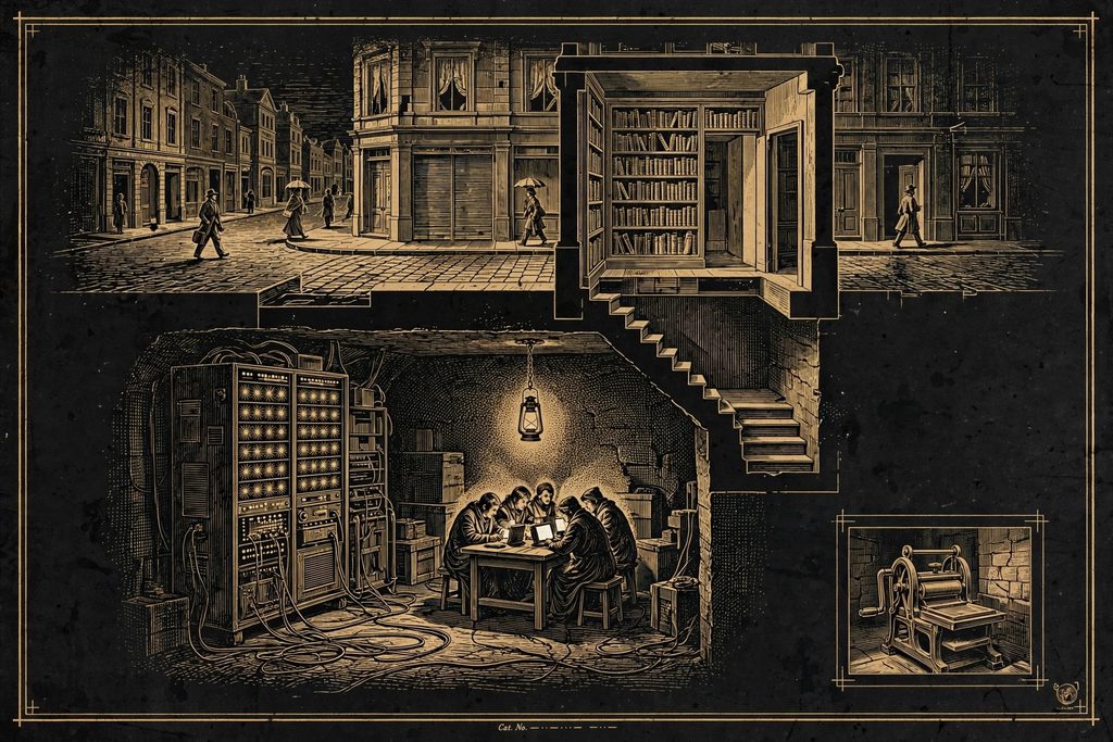Engraved cutaway of a hidden cellar where a few figures tend a glowing server rack beneath an unaware city street.