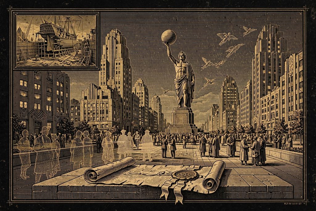Engraved plaza by day filling again with costumed figures, a sealed charter resting on a plinth in the foreground.