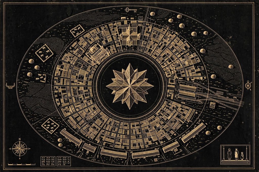 Engraved town plan divided into three zones, from steppe and slaughterhouse at the edges to a star-shaped tower at the centre.