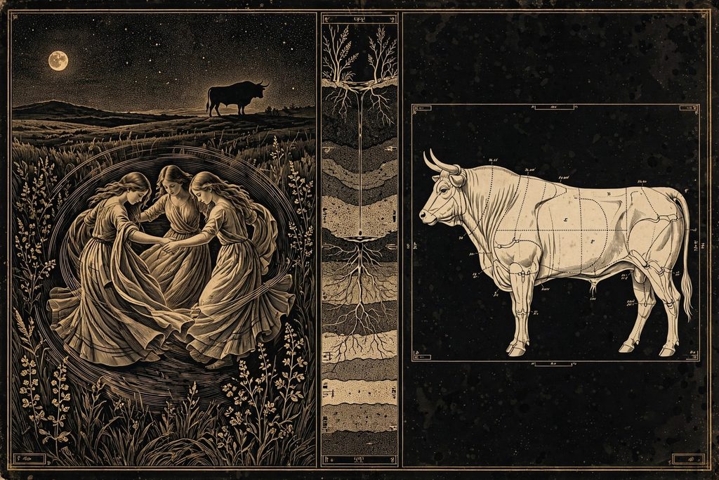 Engraved plate of women dancing among herbs on the steppe at night beside an anatomical diagram of a bull divided by dotted lines.