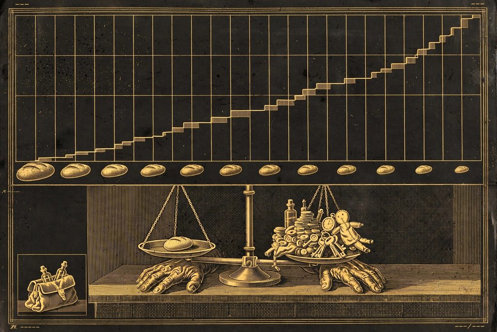 Engraved economic chart of rising bread prices over twelve days above a shop scale weighing a loaf against a heap of possessions.