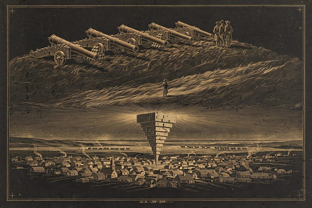 Engraved hillside of cannons aimed at a steppe town with a tower balanced on a point, and a lone figure standing between them.