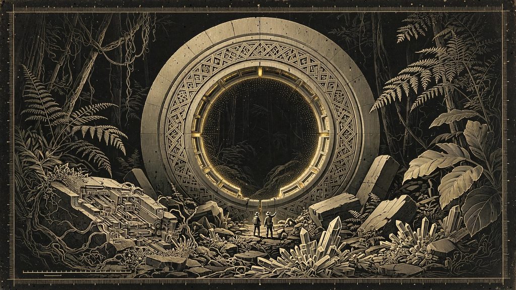Institute illustration of a giant ruined gateway overgrown by forest and crystalline corruption.