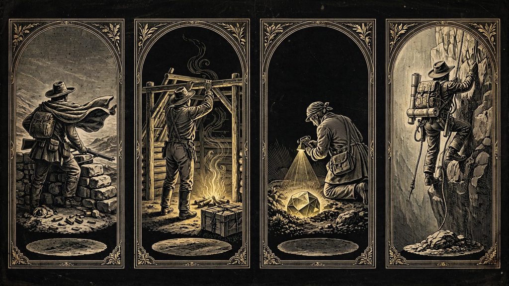 Institute illustration of four travellers representing the Soldier, Settler, Scientist and Explorer paths.