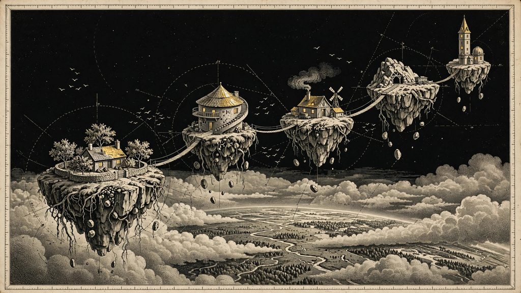 Institute illustration of floating island homes linked by rope bridges above the