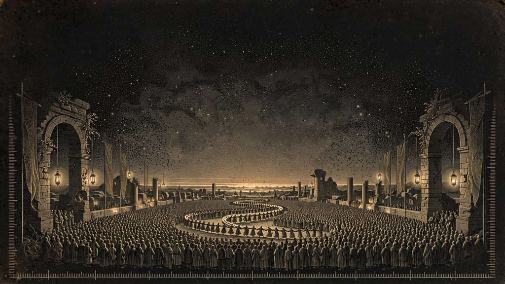 Institute illustration of a crowd gathered on a plaza as the sky fades to black.