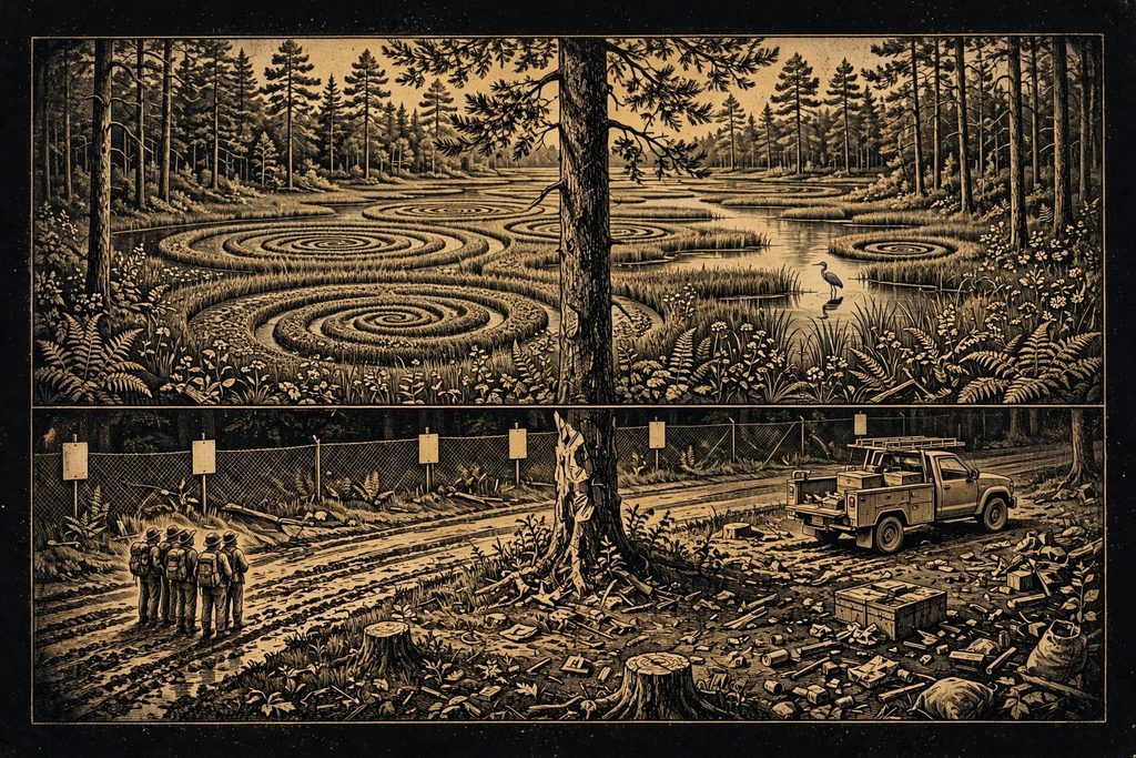 Gold engraving of four figures with backpacks at a fence, looking across an invisible line where scarred land gives way to a flawless, strangely patterned wilderness.