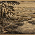 Gold engraving of an untouched coastal marsh with pines, dunes and a lone lighthouse, where plants grow in strange spirals and rings and an abandoned notebook lies by an overgrown path.