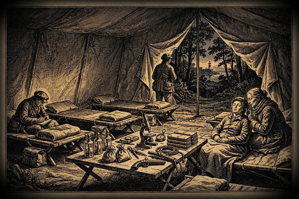 Gold engraving of four women in an expedition tent at dusk, one writing in a journal while an older woman speaks softly to another who sits in a trance.