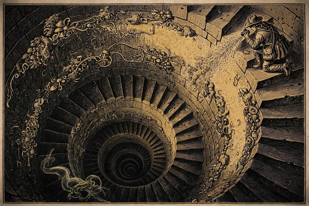 Gold engraving of a spiral stairway into the earth whose wall carries a band of living fungal script, with a kneeling figure inhaling drifting spores as she studies it.