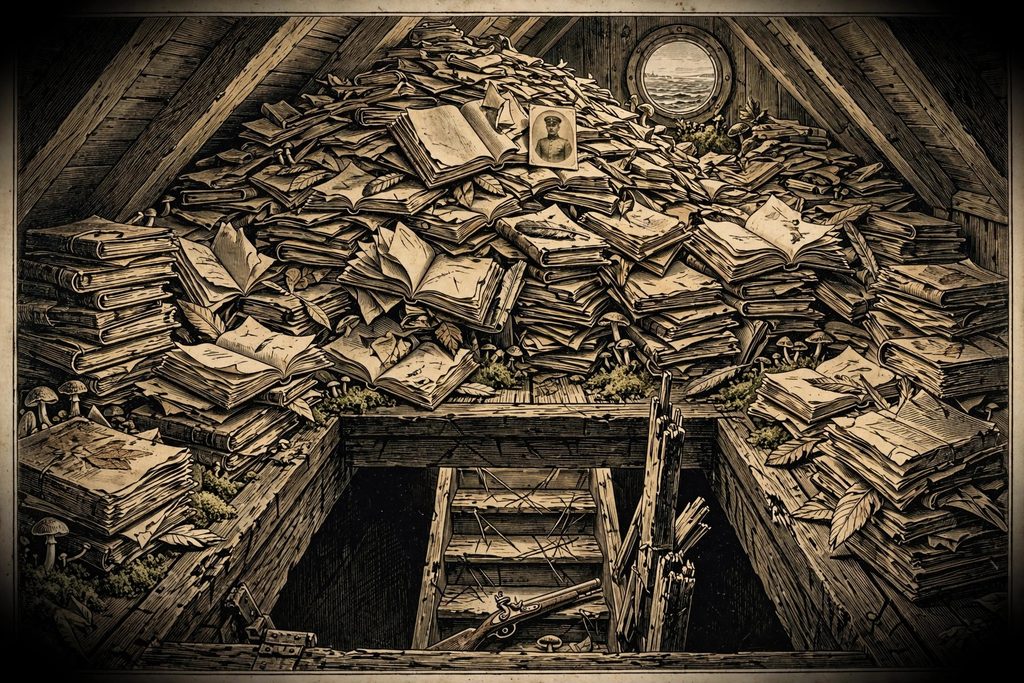 Gold engraving of a hidden lighthouse room filled almost to the ceiling with a mound of hundreds of old field journals, with moss and mushrooms growing among the lowest ones.