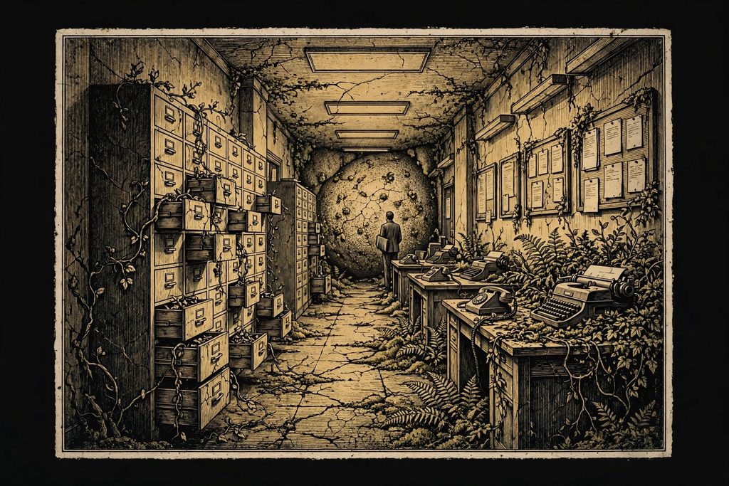 Gold engraving of a long government office corridor where vines grow from filing cabinets and ferns from the floor, and a man with a file stares at a wall that seems to breathe.