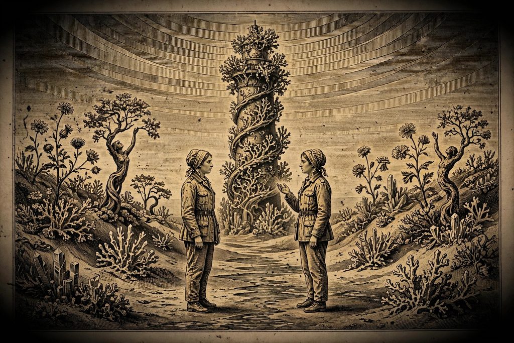 Gold engraving of two identical women facing each other on a beach below a lighthouse, surrounded by hybrid flowers, crystal growths and trees twisted into human shapes.