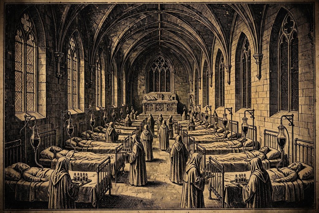 Gold engraving of a vaulted clinic where veiled attendants give patients transfusions of dark liquid, while one patient’s hand in the foreground begins to grow hair and claws.