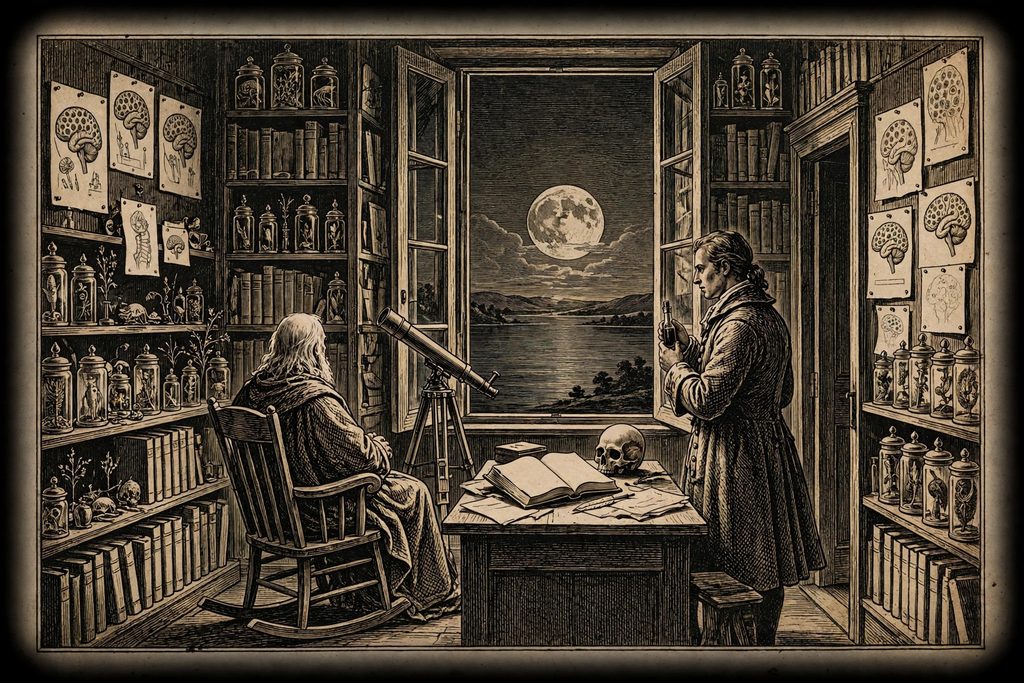 Gold engraving of an old scholar in a rocking chair facing a moonlit lake while a younger scholar clutching a vessel of dark liquid turns to leave the study.