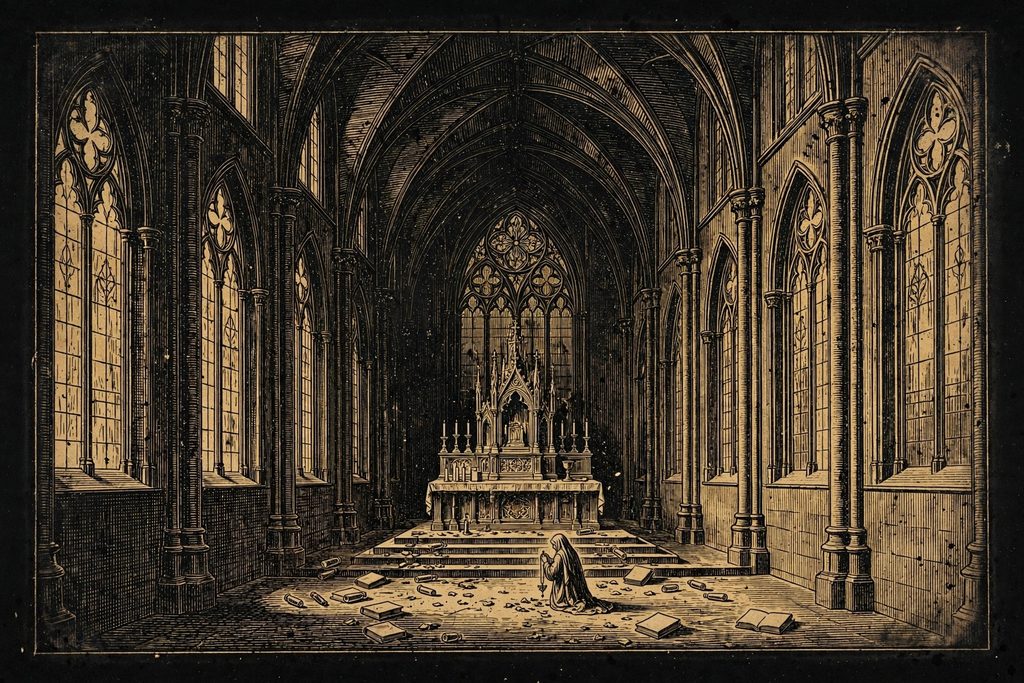 Gold engraving of a veiled figure kneeling in a vast gothic nave before an enormous horned beast skull enshrined on the altar.