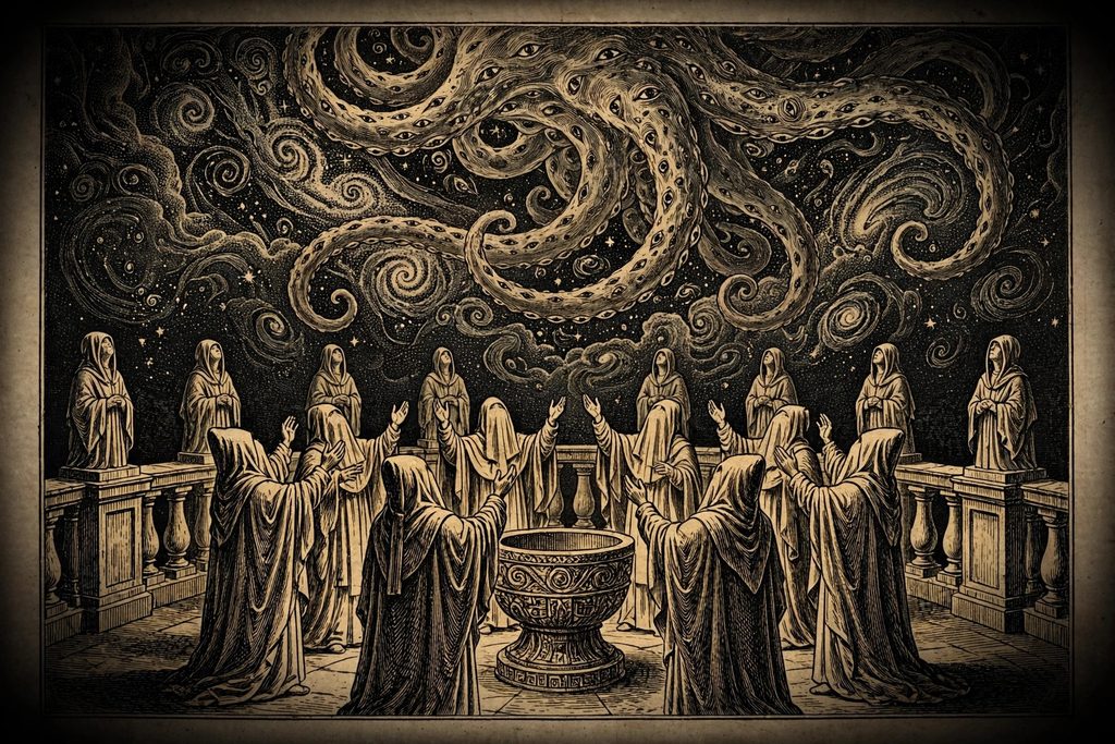 Gold engraving of eye-covered hooded priests around a stone chalice on a terrace, raising their hands toward a starry sky where a vast tentacled being is faintly visible.