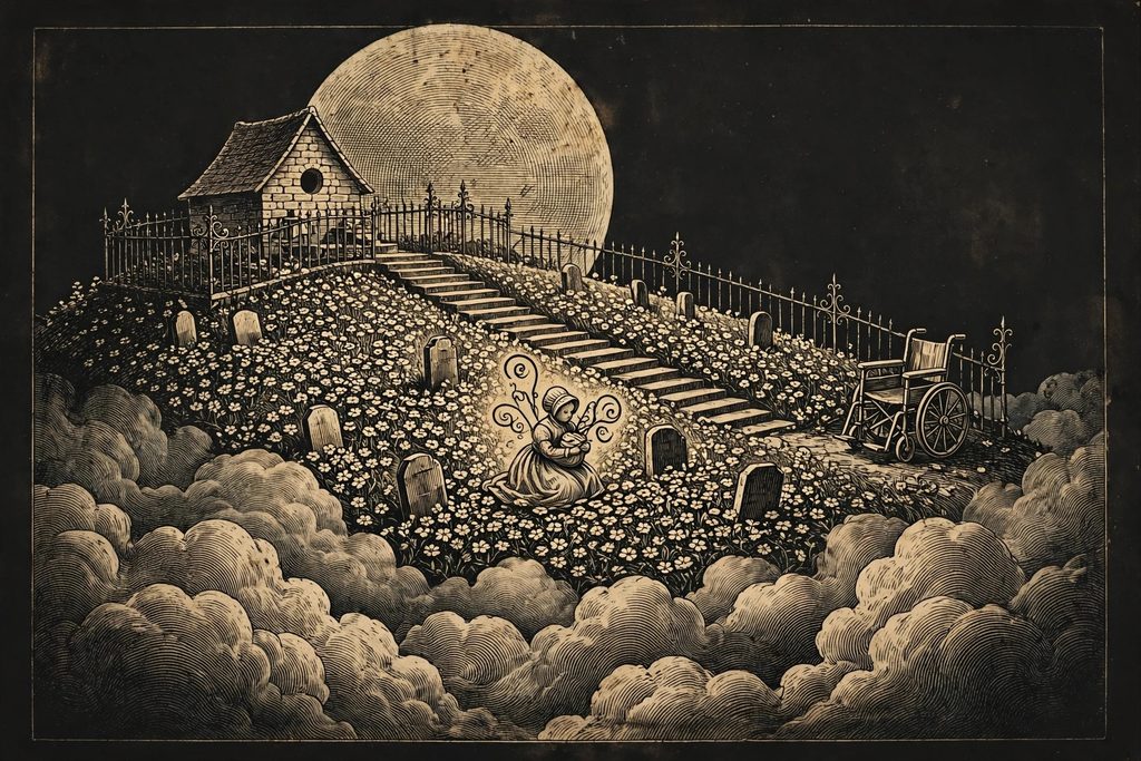 Gold engraving of a doll-like figure kneeling in a garden of white flowers holding a swaddled infant with small tendrils, beside an empty wheelchair, under an enormous moon.