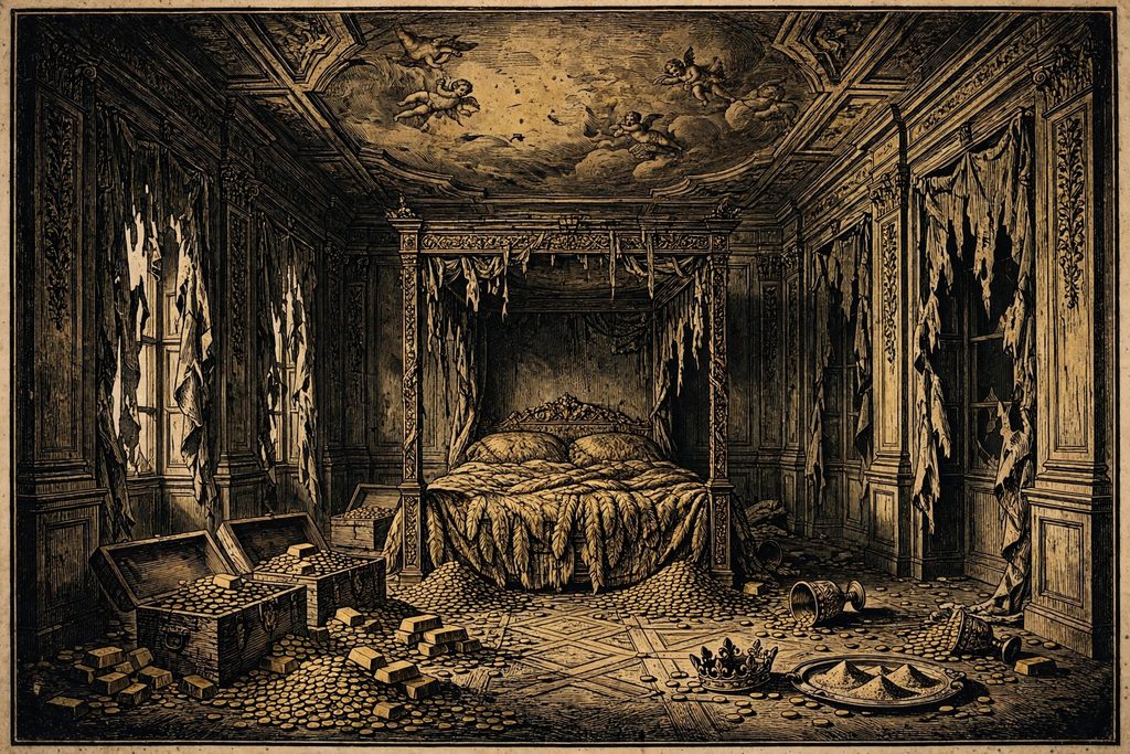 Gold engraving of an empty royal bedchamber with a bed of gold-dipped feathers, heaps of gold coins and a fallen crown under dust and torn curtains.