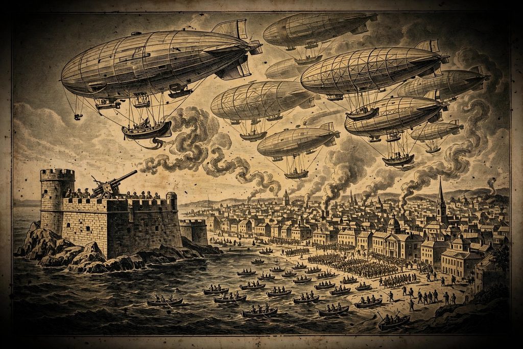 Gold engraving of a fleet of military airships descending on a harbor city while a silent anti-aircraft gun stands on a sea fortress and troops land on the beach.