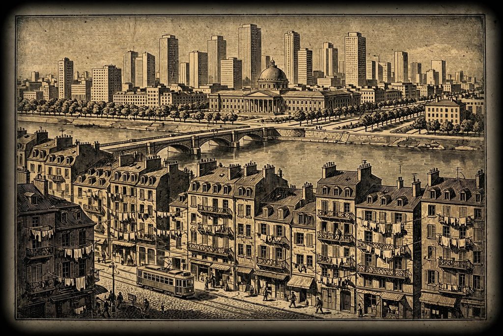Gold engraving of a ruined working-class district facing a gleaming financial district across a river, joined by one bridge, with a distant airship above and no soldiers in sight.
