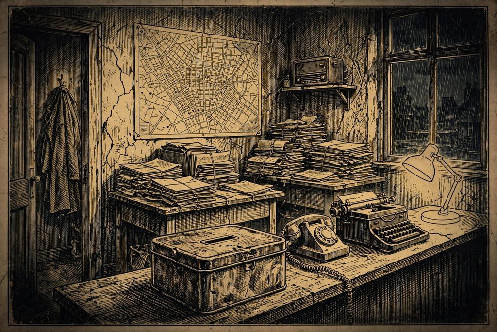 Gold engraving of a shabby night-time police station with cluttered desks, a typewriter, a city map with pins and a dented donation tin on the counter.