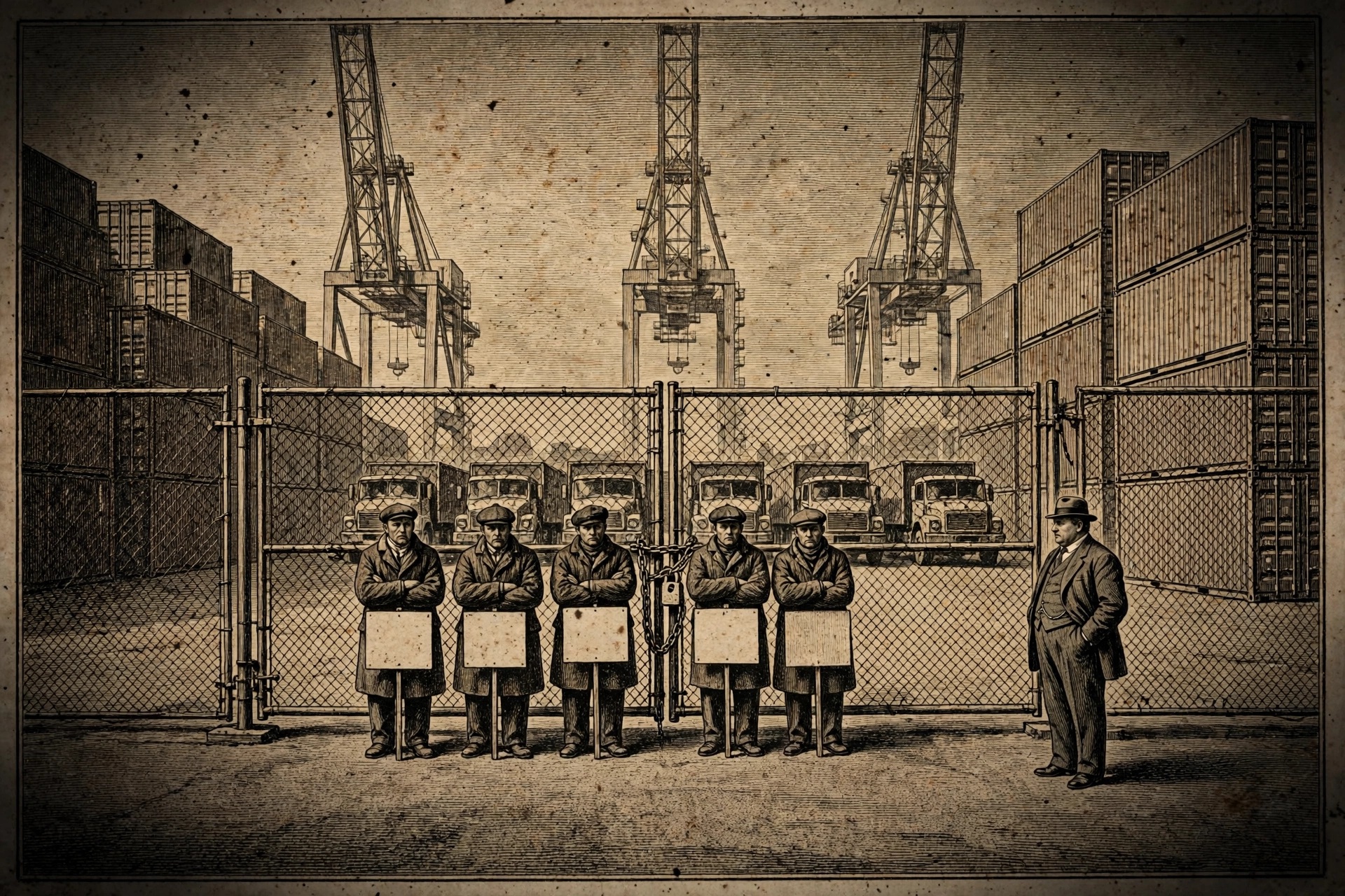 Gold engraving of striking dockworkers holding blank placards at a closed harbor gate beneath frozen cranes, watched by a man in a suit and a group of armed mercenaries.