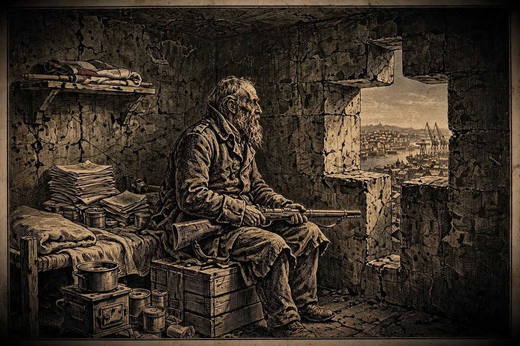 Gold engraving of an old soldier in a worn greatcoat sitting with a rifle inside a concrete bunker, looking through a firing slit at a distant harbor city.