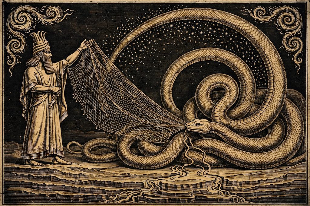 Gold engraving of a storm god casting a net over a vast sea serpent whose coils turn into the sky and the earth.
