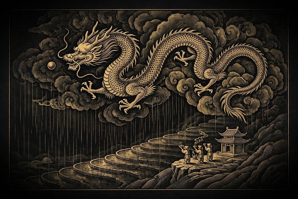 Gold engraving of a long Chinese dragon coiling through rain clouds above terraced rice fields and a small shrine with farmers making offerings.