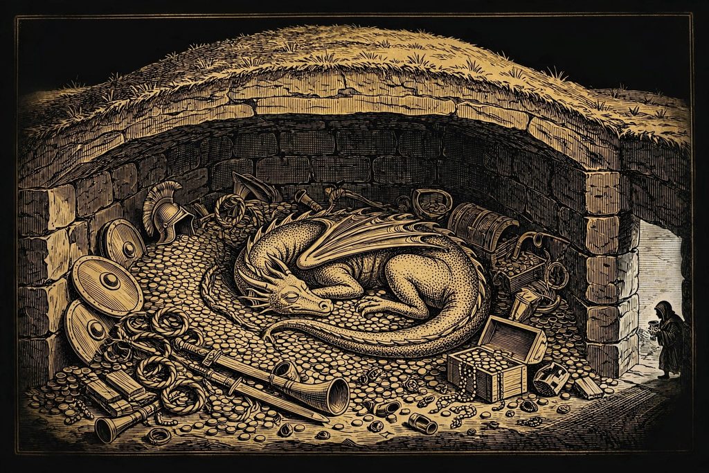 Gold engraving of a cutaway burial mound where a dragon sleeps on a hoard of treasure while a small hooded thief slips away with a cup.