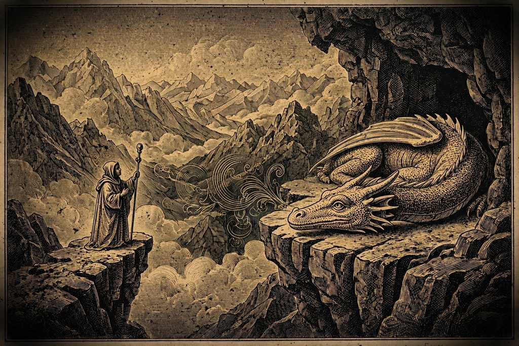 Gold engraving of a great dragon resting its head on a mountain ledge, in calm conversation with a small robed figure holding a staff.