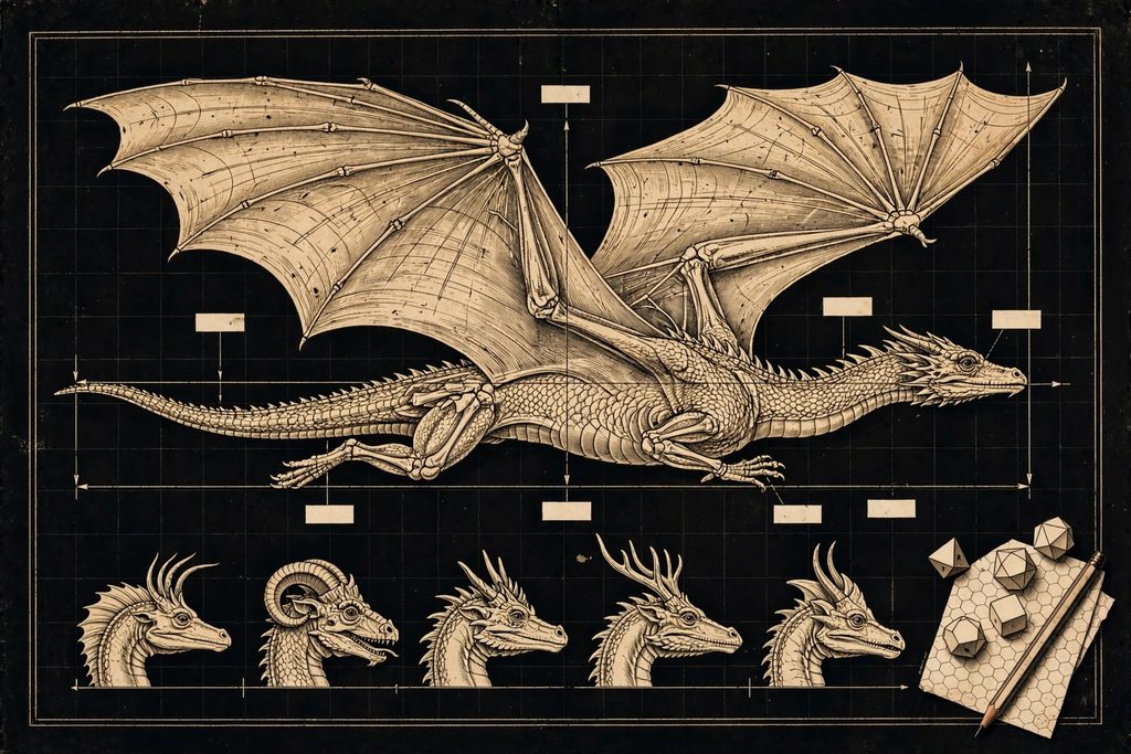 Gold engraving of a dragon drawn as a scientific specimen with measurement lines and blank labels, a row of five dragon species below and gaming dice in the corner.