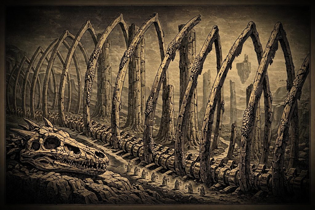 Gold engraving of a giant petrified dragon skeleton lying across a foggy valley, its ribs rising like cathedral arches over a line of tiny pilgrims.