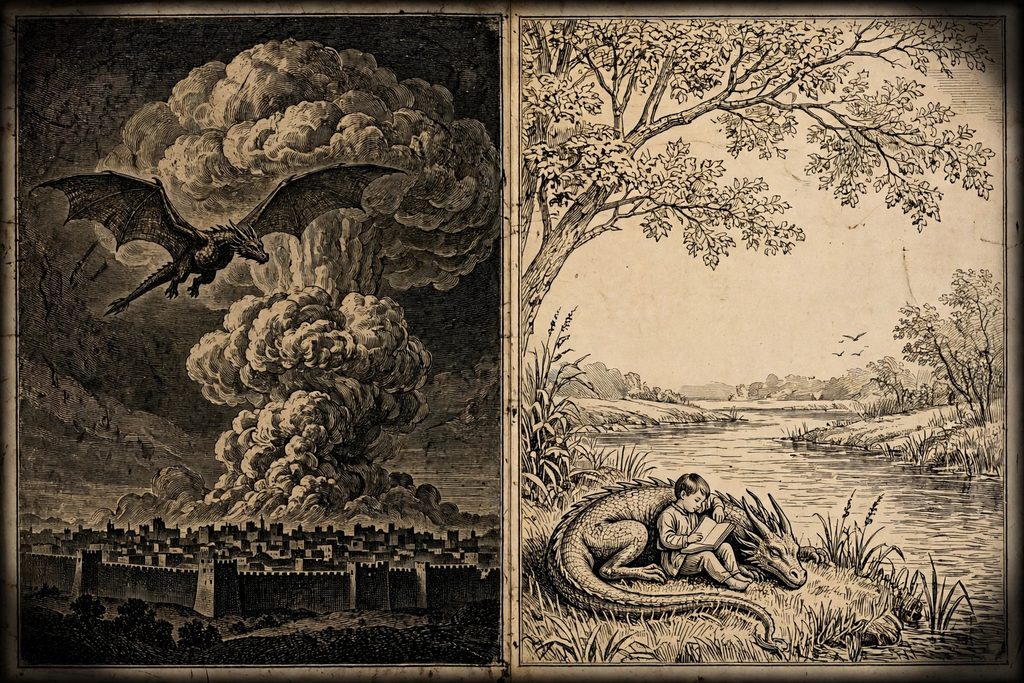 Gold engraving split in two, with a vast dragon flying over a city beneath a towering column of smoke on the left, and a child resting against a sleeping dragon by a river on the right.