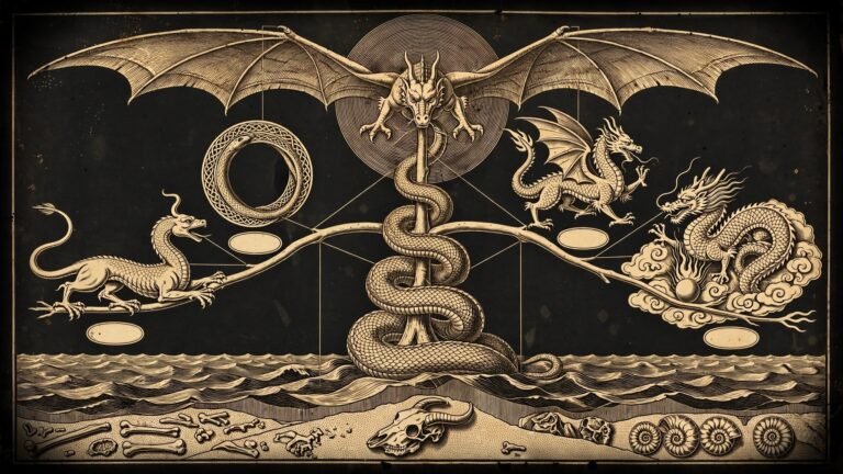 Gold engraving of a genealogical tree of dragons rising from a primordial sea, with Babylonian, Chinese, Norse, medieval and modern dragons resting on its branches.
