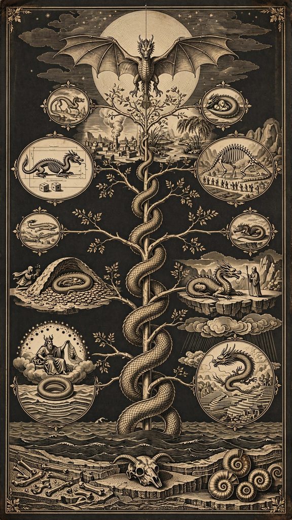 Gold engraving of a vertical dragon family tree rising from a primordial sea, with seven medallion scenes on its branches showing the dragon from creation myth to the modern age, crowned by a winged dragon before a sun.