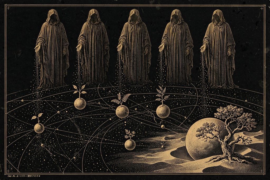 Engraved star chart where hooded women scatter seeds onto planets, each growing a small sapling.
