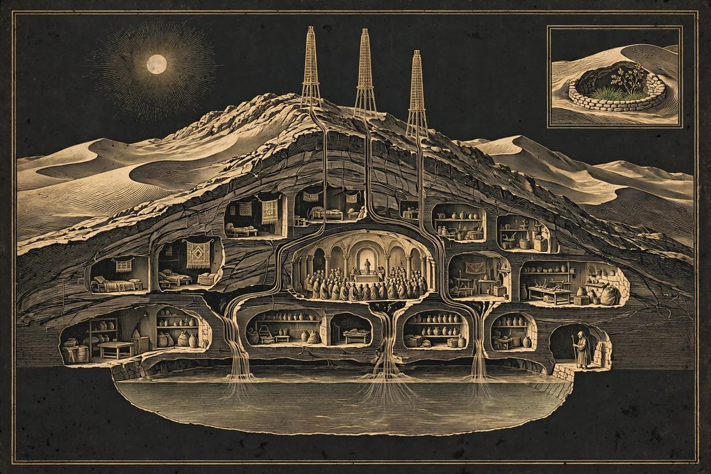 Engraved cross-section of a desert mountain hollowed into a hidden community above a secret cistern of water.
