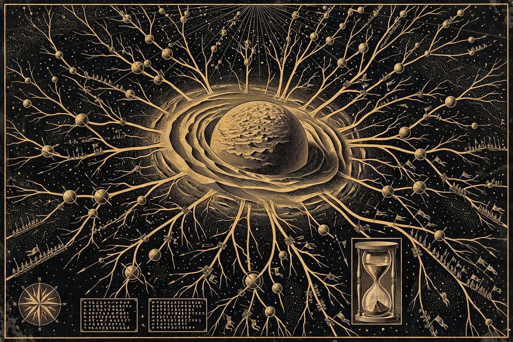 Engraved star chart with lines radiating from a desert planet to dozens of worlds, with an hourglass inset.