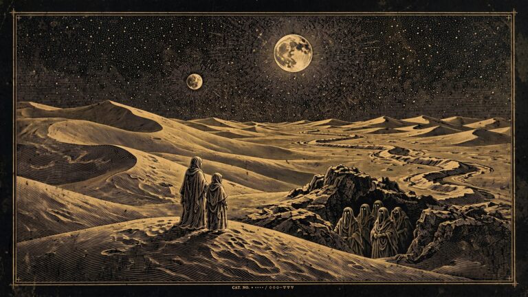 Engraved moonlit desert where a robed woman and a youth face veiled desert people emerging from the rocks.