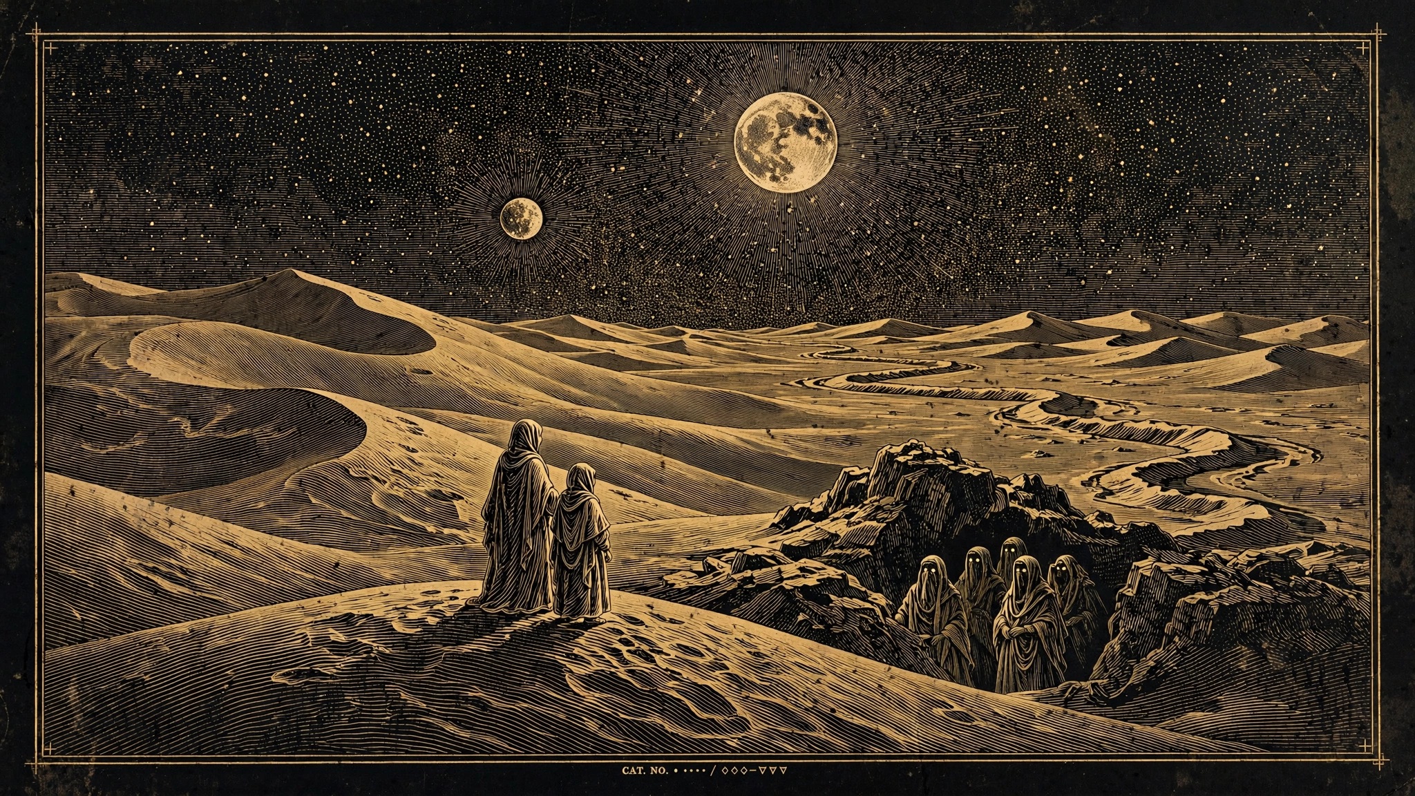 Engraved moonlit desert where a robed woman and a youth face veiled desert people emerging from the rocks.