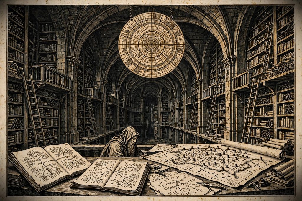 Gold engraving of a bearded scribe at a stone table covered with ledgers, family trees and a war map, in a vast archive beneath a huge ring-shaped chart of years.