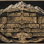 Gold engraving of a mountain cut away to show a many-levelled dwarven fortress with halls, workshops, a temple, a library, farms and a forge, full of tiny working figures.