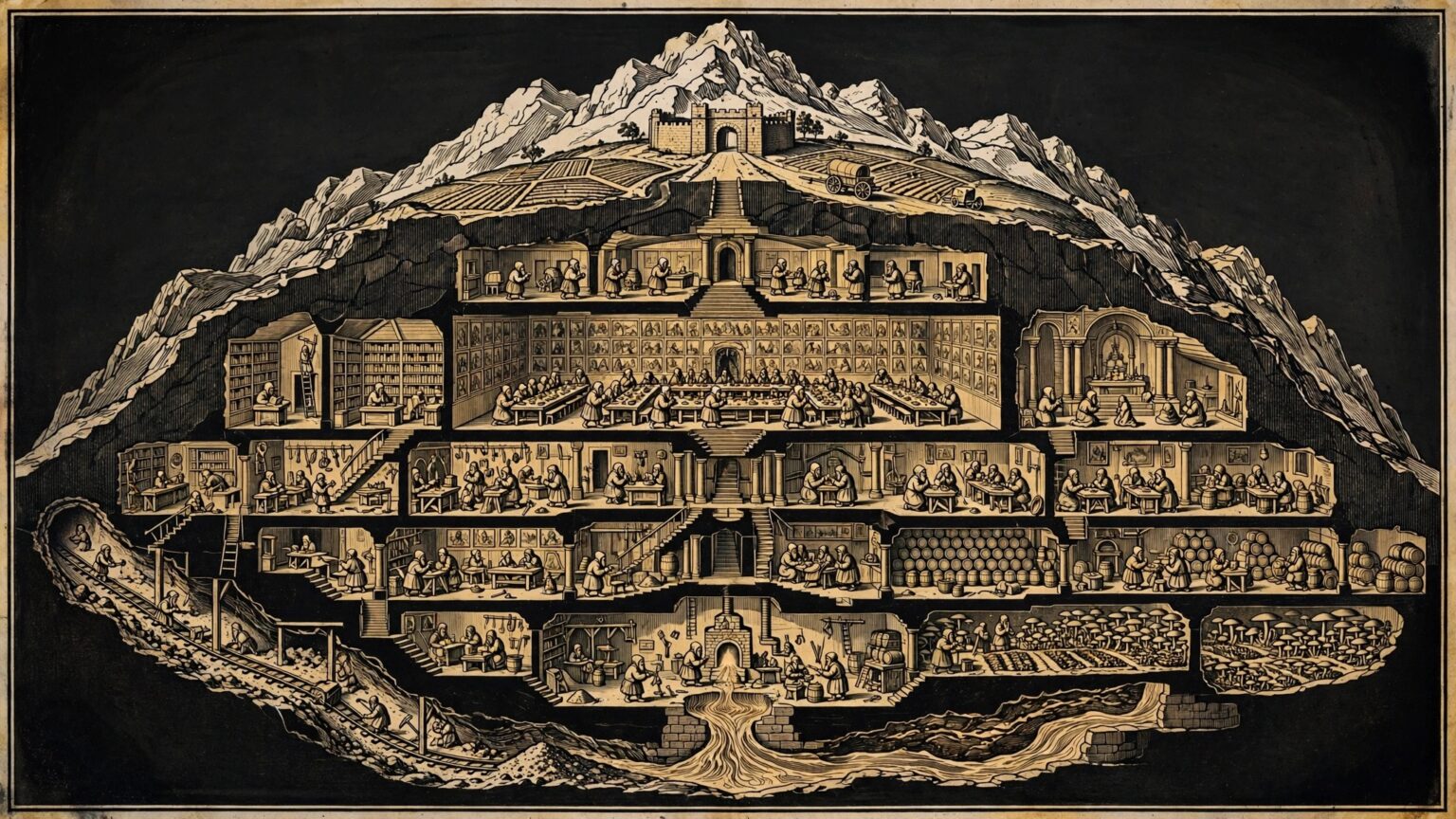 Gold engraving of a mountain cut away to show a many-levelled dwarven fortress with halls, workshops, a temple, a library, farms and a forge, full of tiny working figures.