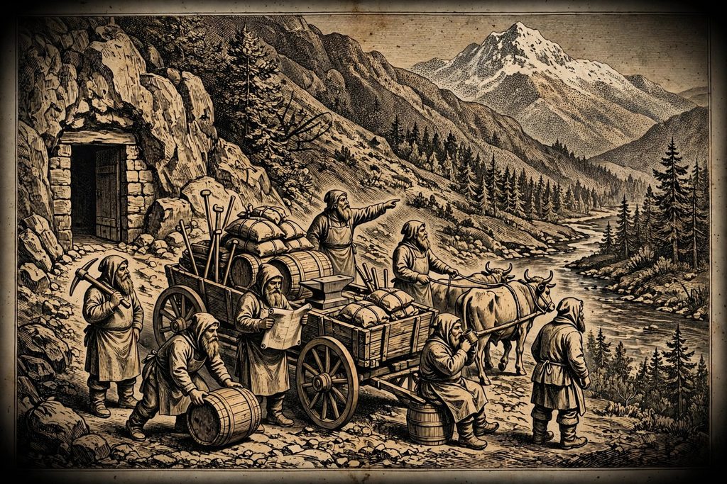 Gold engraving of seven bearded settlers around a loaded wagon at a freshly cut doorway in a mountainside, with tools, barrels and oxen.