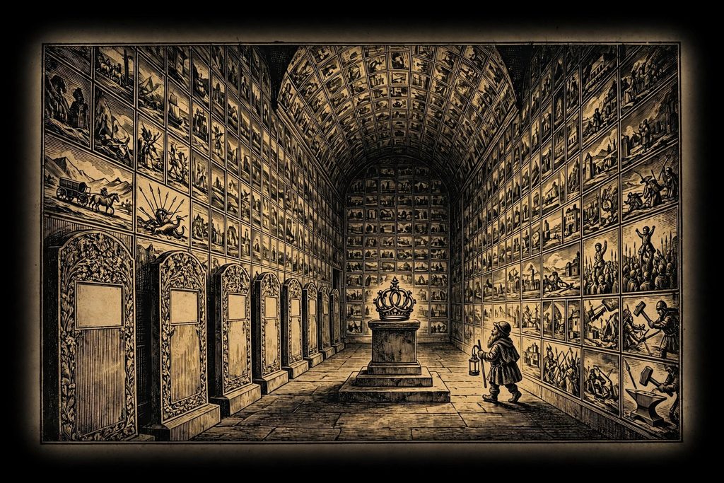 Gold engraving of a stone hall covered in carved picture panels of battles and founding scenes, with a jeweled crown on a pedestal and a row of memorial slabs.
